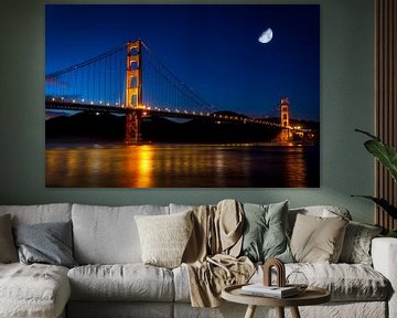 Golden Gate Brug in San Francisco bij nacht met maan van Dieter Walther