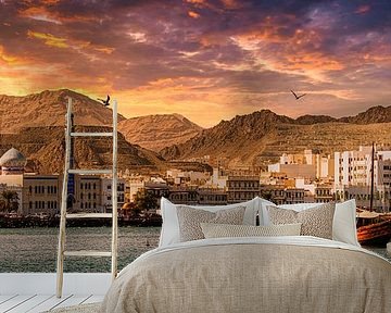 Panorama harbour skyline Muscat in Oman at sunset by Dieter Walther