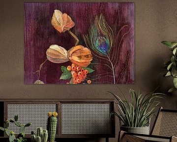 Still life with lampinion flower and peacock feather by Claudia Gründler