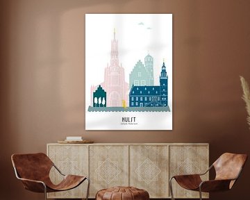 Skyline illustratie stad Hulst in kleur van Mevrouw Emmer