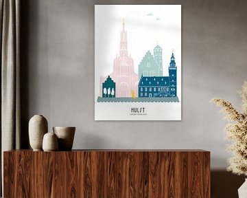 Illustration de la ligne d'horizon de la ville de Hulst en couleur sur Mevrouw Emmer