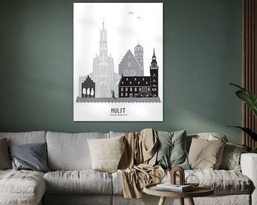 Skyline illustratie stad Hulst zwart-wit-grijs van Mevrouw Emmer