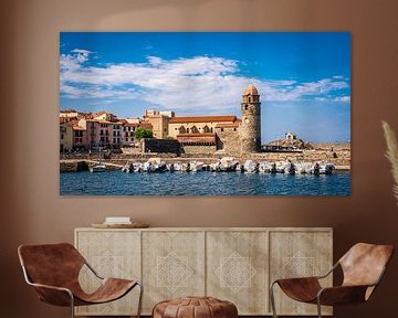 Panorama church and harbour in Collioure at the Cote Vermeille in South France by Dieter Walther