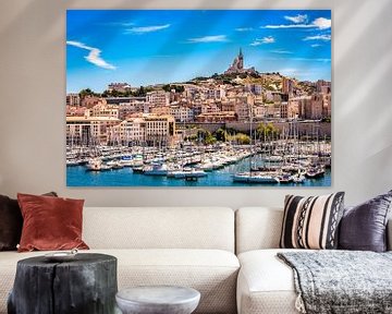 Sailboats in the old harbour of Marseille with view to basilica Notre dame de la garde by Dieter Walther
