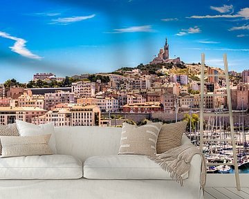 Sailboats in the old harbour of Marseille with view to basilica Notre dame de la garde by Dieter Walther
