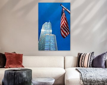 Tour Trump à Chicago, États-Unis, avec ciel bleu et drapeau américain. sur Dieter Walther