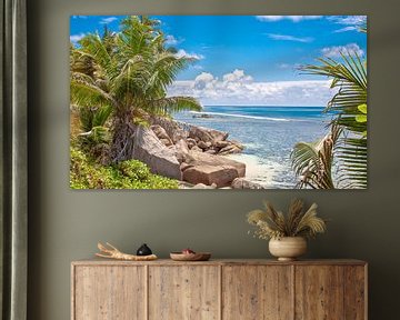 Tropisch strand met Palmbomen en Rotsen - Seychellen