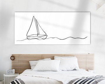 Zeilboot op zee - maritiem schilderij lijntekening van Studio Hinte