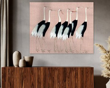Japan cranes on pastel pink by Mad Dog Art
