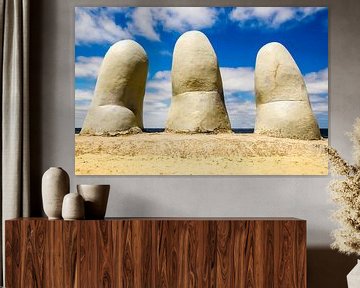 Landmark stone sculpture los Dedos on the beach of Punta del Este in Uruguay by Dieter Walther
