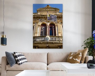 Gevel van gebouw met vlag Montevideo Uruguay van Dieter Walther