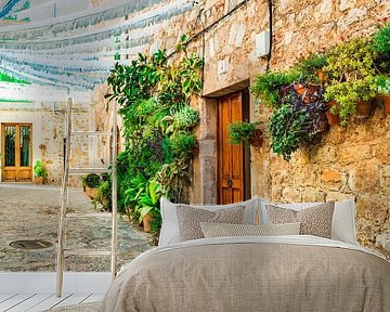 De typische decoratie van de installatiebloem in Valldemossa dorp op Mallorca, Spanje