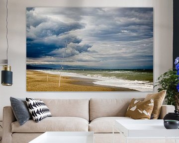 Fishing on the sand beach during thunderstorms and clouds on the Costa del Sol Andalusia Spain by Dieter Walther