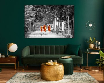 Monks walk in the temple