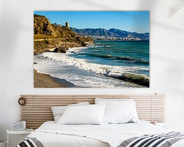 Coast road with mountains and lighthouse at coast near Nerja Andalucia Spain by Dieter Walther