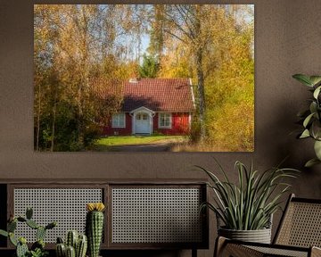 Zweeds huisje in het herfstbos van Connie de Graaf