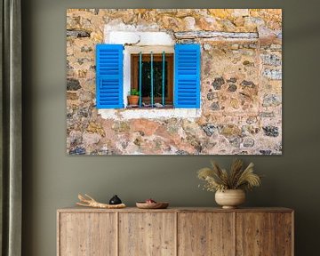Detailopname van stenen muur en raam met blauwe luiken van huis van Alex Winter