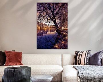 Fall season landscape with lake water and autumn trees