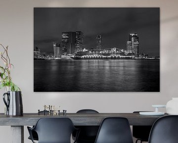 Skyline von Rotterdam mit dem Kreuzfahrtschiff 'Rotterdam VII' in schwarz-weiß