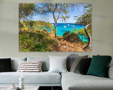 Idyllische baai met luxe jachten boten aan de kust op het eiland Mallorca, Spanje