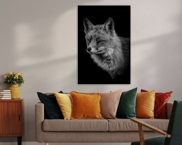 Vossen: Stoer portret van een vos in zwart-wit van Marjolein van Middelkoop