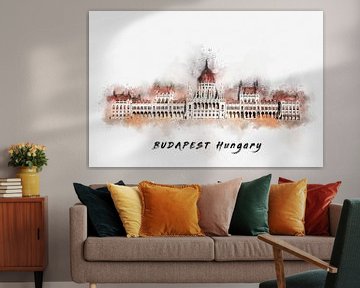 Budapest Parliament on Danube in Watercolor by Andreea Eva Herczegh