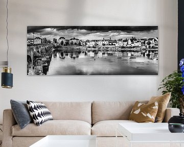 Panorama houses and bridge on the banks of the Loire in Saumur in France in black and white by Dieter Walther