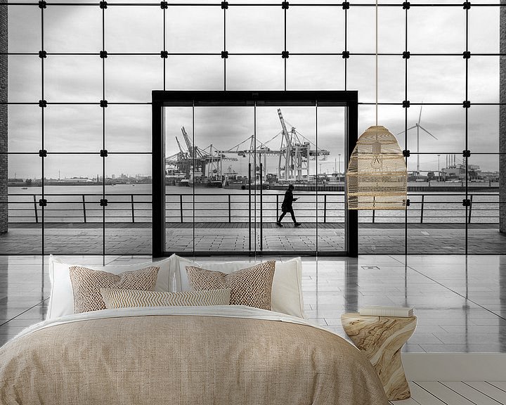 Sfeerimpressie behang: Hamburg container terminal in zwart-wit van Tilo Grellmann | Photography