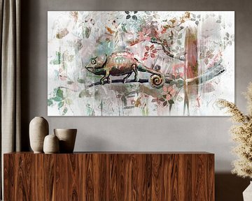 Abstact colorful artwork of chameleon on a branch by Emiel de Lange