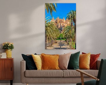 View of Cathedral La Seu with palm trees in Palma de Mallorca by Alex Winter