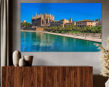 Spain, view of Cathedral and Parc de la Mar in Palma de Mallorca by Alex Winter