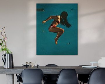 Peinture à l'huile d'une femme sautant d'un plongeoir
