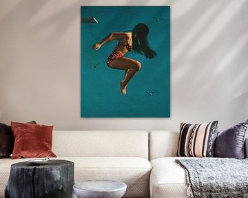 Olieverfschilderij van een vrouw die van duikplank springt