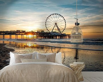Scheveningen beach with pier and Ferris wheel during sunset by By Marjolein Design