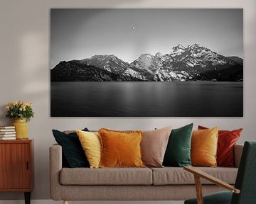 Panoramic picture black and white of Lake Garda with the mountains Cima Valdes, Monte Tremalzo and C