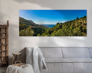 Idyllisch panorama-uitzicht van Banyalbufar aan de kustlijn van Mallorca van Alex Winter