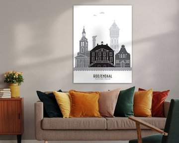 Skyline illustration city Roosendaal black-white-grey by Mevrouw Emmer