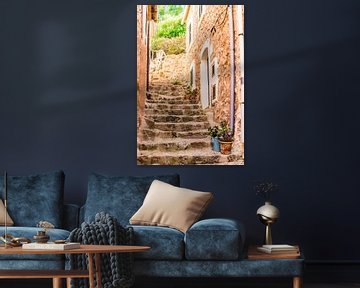 Vue détaillée des marches d'un vieil escalier en pierre dans un village rustique méditerranéen sur Alex Winter