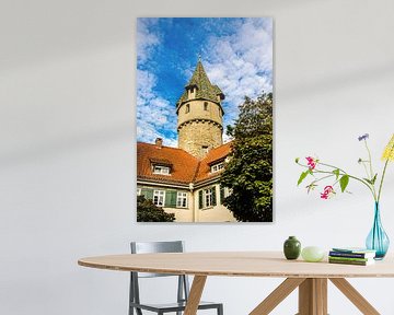 Groene toren en stadsmuur Stadspoort met SChäfchen wolken in Ravensburg Opper-Swaben Duitsland van Dieter Walther