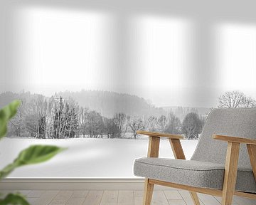 Panorama winter landscape with snow and trees in black and white in Allgäu Germany by Dieter Walther