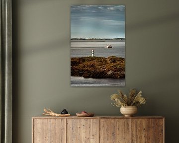 Lighthouse, fishing boat and a wind farm, Flemsøya, Ålesund, Norway