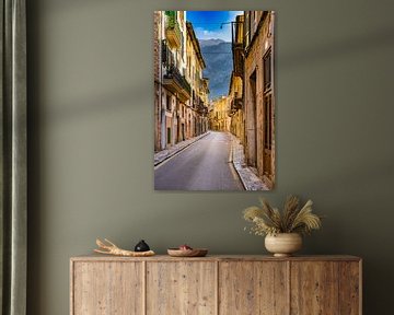 Gezicht op een straat in Soller, stad in het Serra de Tramuntana gebergte van Alex Winter