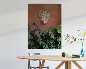 Vintage coral pink wall with botanical leaves | Travel photography Seville by Teun Janssen