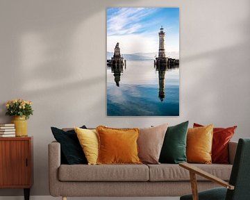 Bavarian lion and lighthouse harbour Linda at Lake Constance in Bavaria with Swiss Alps Germany by Dieter Walther