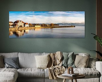 Panorama reflection Langenargen in Lake Constance and Swiss Alps in winter Germany by Dieter Walther