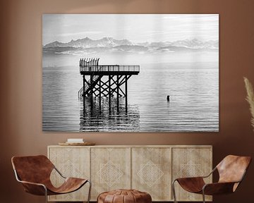 Bathing platform in Lake Constance near Meersburg with view to Swiss Alps Germany black and white by Dieter Walther
