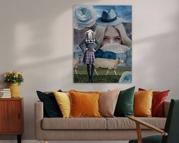 Schaap en blauwe wol, collage van Lida Bruinen