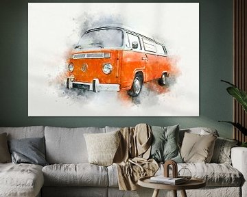 VW Bus Type 2 Hippie Vanlife en aquarelle orange sur Andreea Eva Herczegh