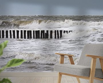 Panorama of breakwaters being washed over by the waves at Cadzand, Zeeland by Marjolijn van den Berg