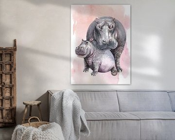 Hippopotame avec son petit sur Printed Artings